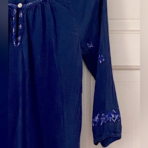 Gauze Top Navy Blue & White Size Medium Gauze Boho Top Embroidery - Picture 3 of 10